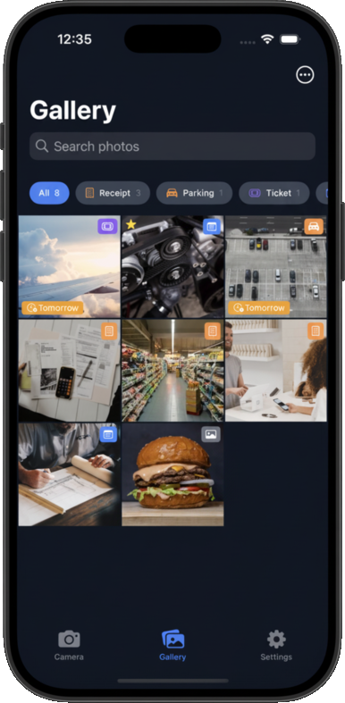 CamSpam organized photo folders showing Receipts, Screenshots, and Documents categories