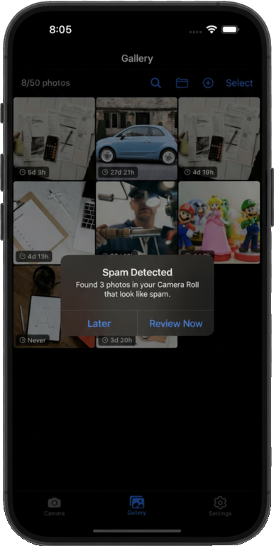 CamSpam AI detecting junk photos like screenshots and receipts in iPhone camera roll